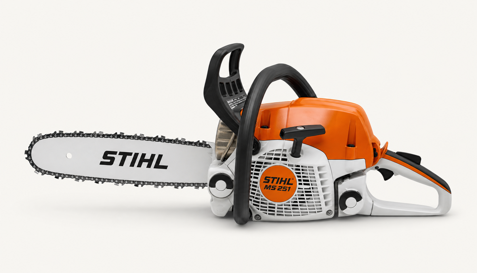 Orange and white petrol chainsaw