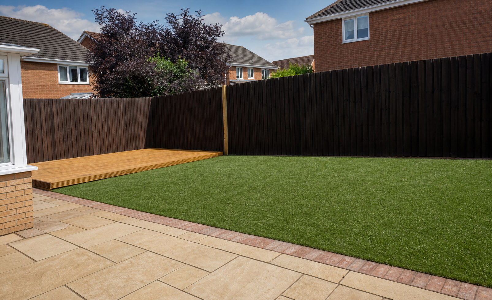 Garden after professional care, with a neat green lawn and timber deck