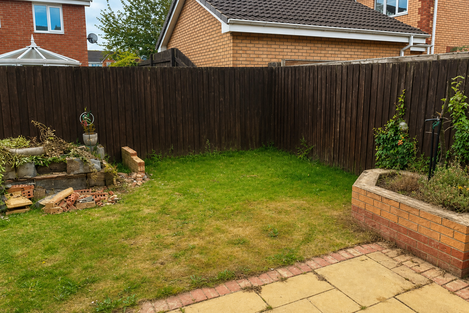 Garden before the work, with an untidy worn lawn