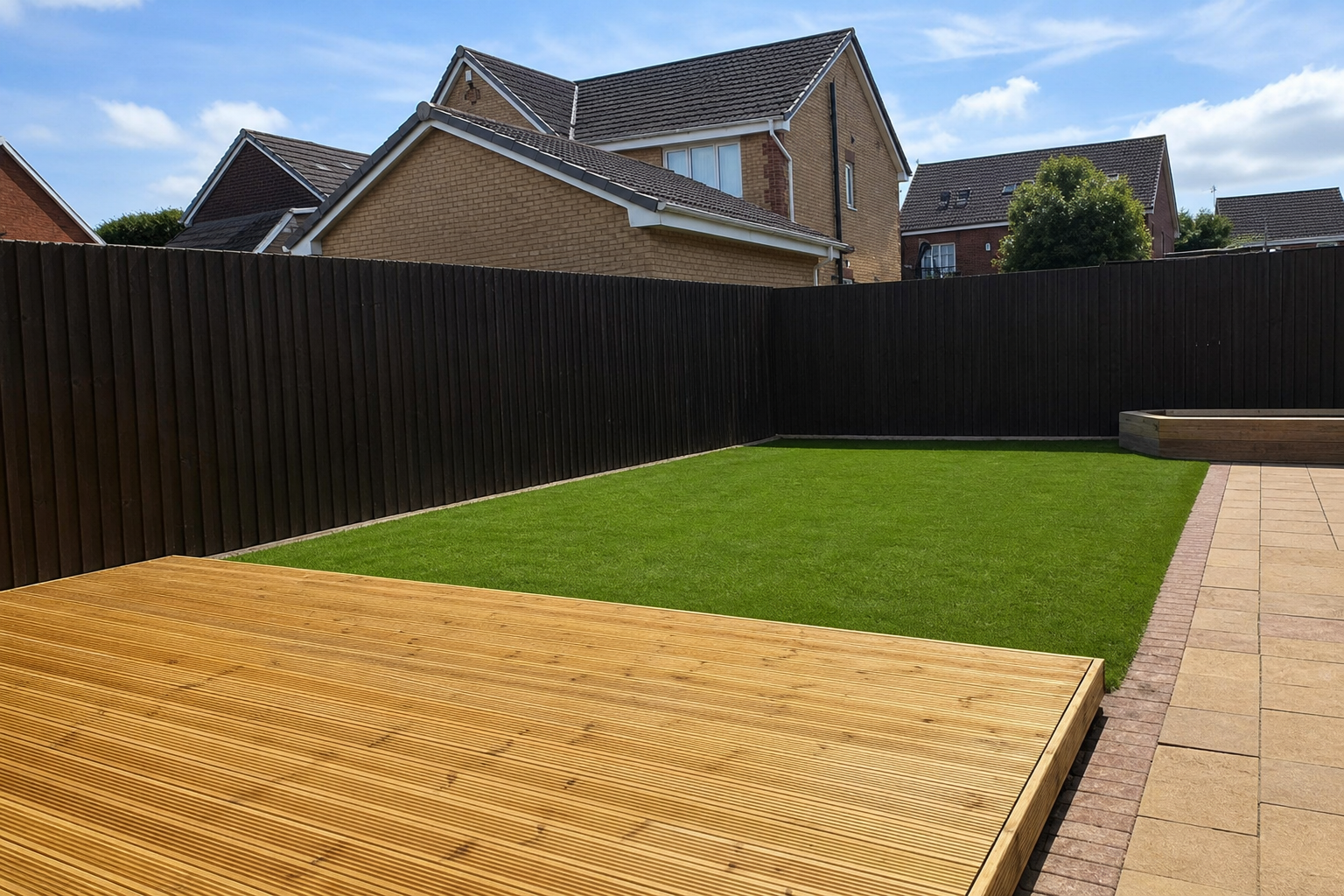 Wide finished view of the new lawn and timber decking